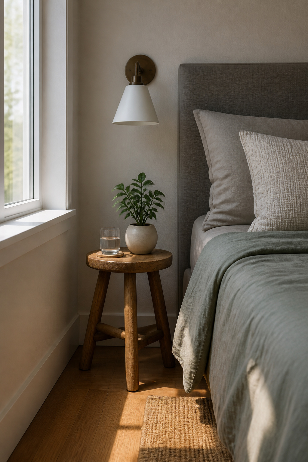 40 Small Bedroom Ideas to Make Every Square Foot Count in 2026 8 Wooden stool used as a nightstand next to a bed.