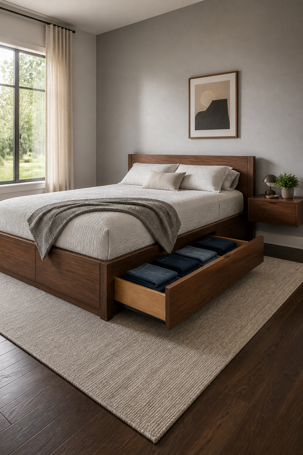 A wooden bed with drawers on both sides, showcasing storage capabilities.
