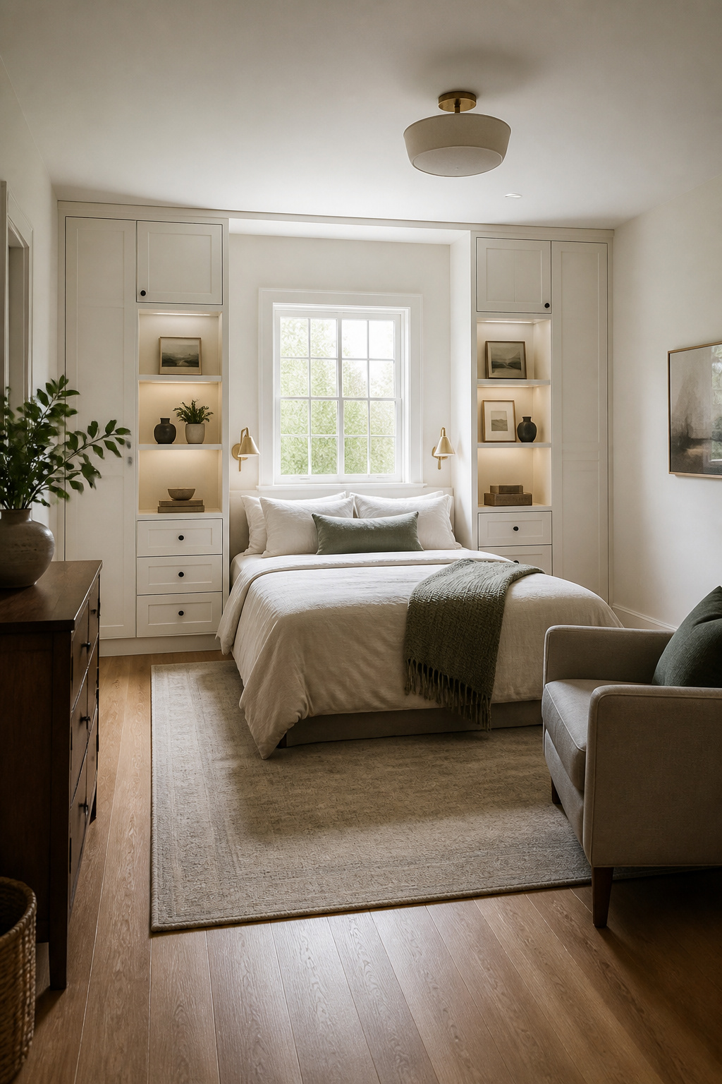 Built-in shelves and a window seat designed to fit snugly against the walls.