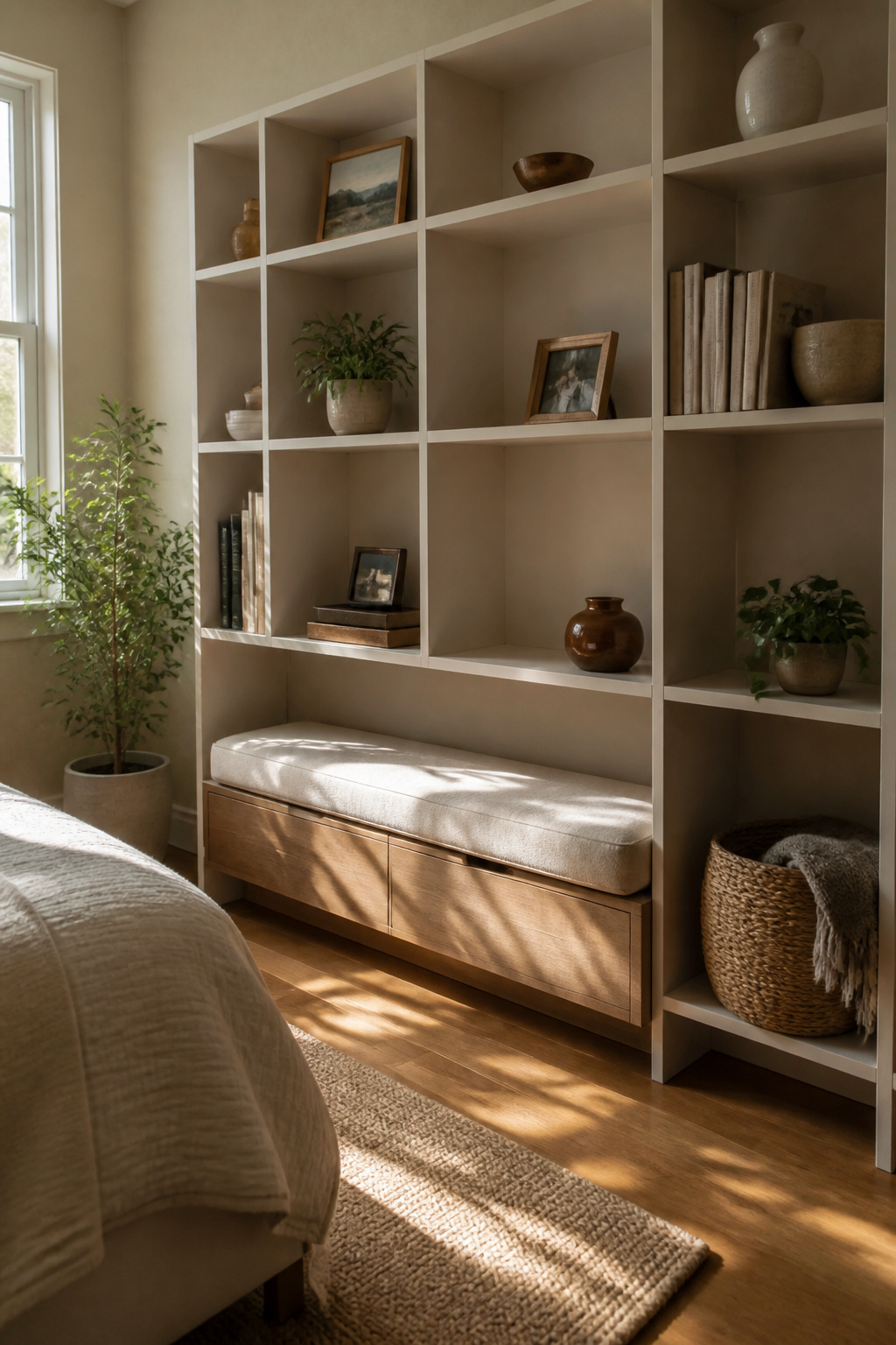 Open cubbies displaying books and a storage bench in a small bedroom.