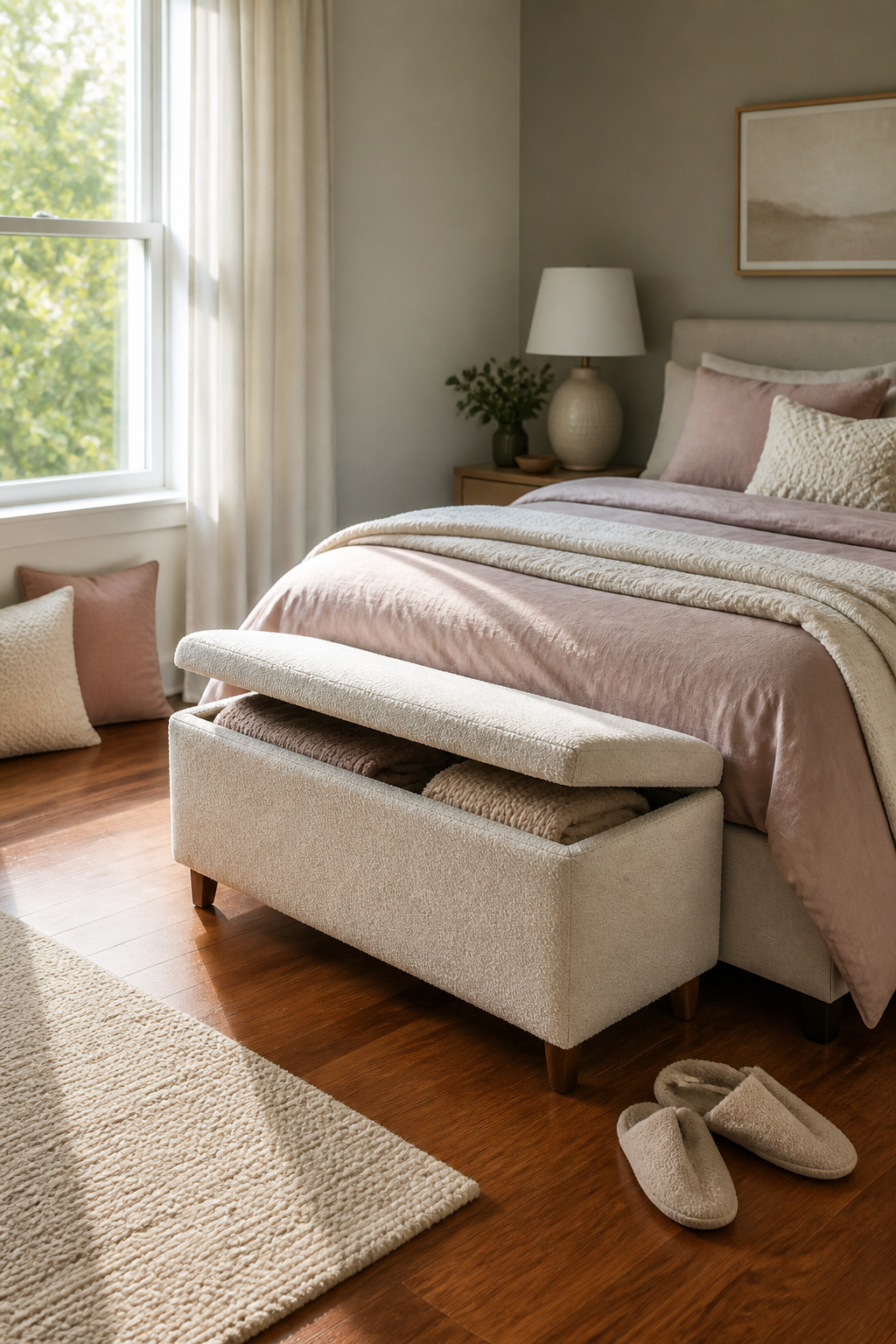 A storage ottoman with a slightly open lid revealing throw blankets inside.