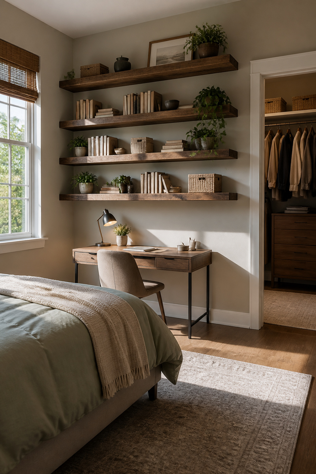 Narrow wooden shelves mounted on a wall displaying books and decorative items.