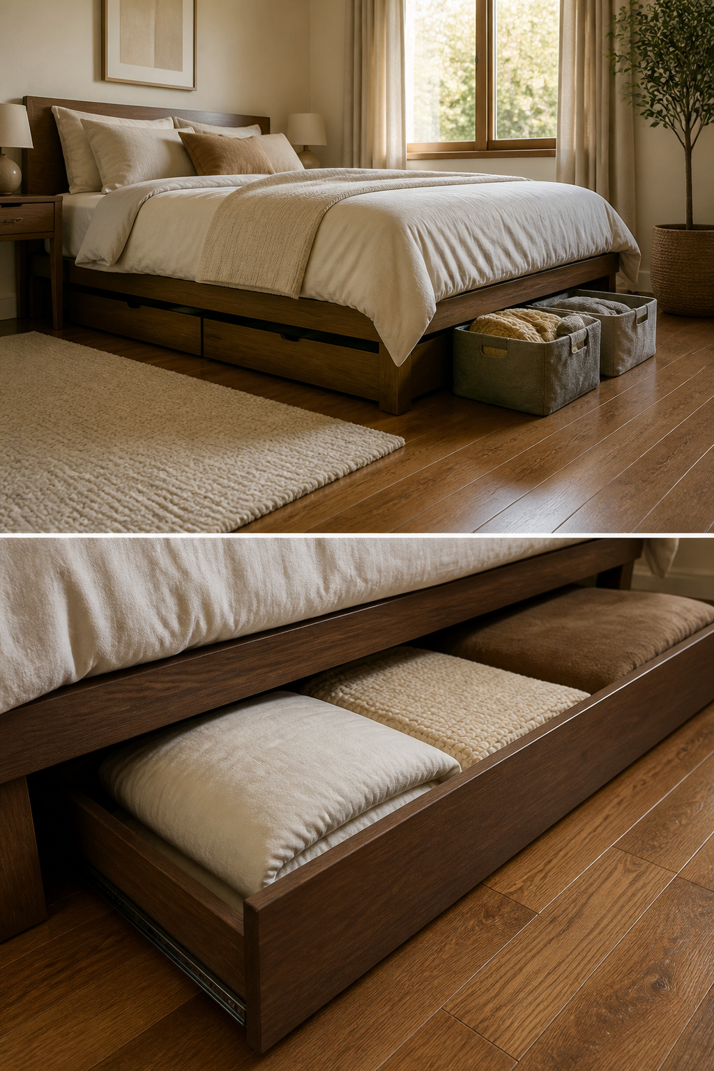 A low drawer sliding out from under a bed, designed for storage.