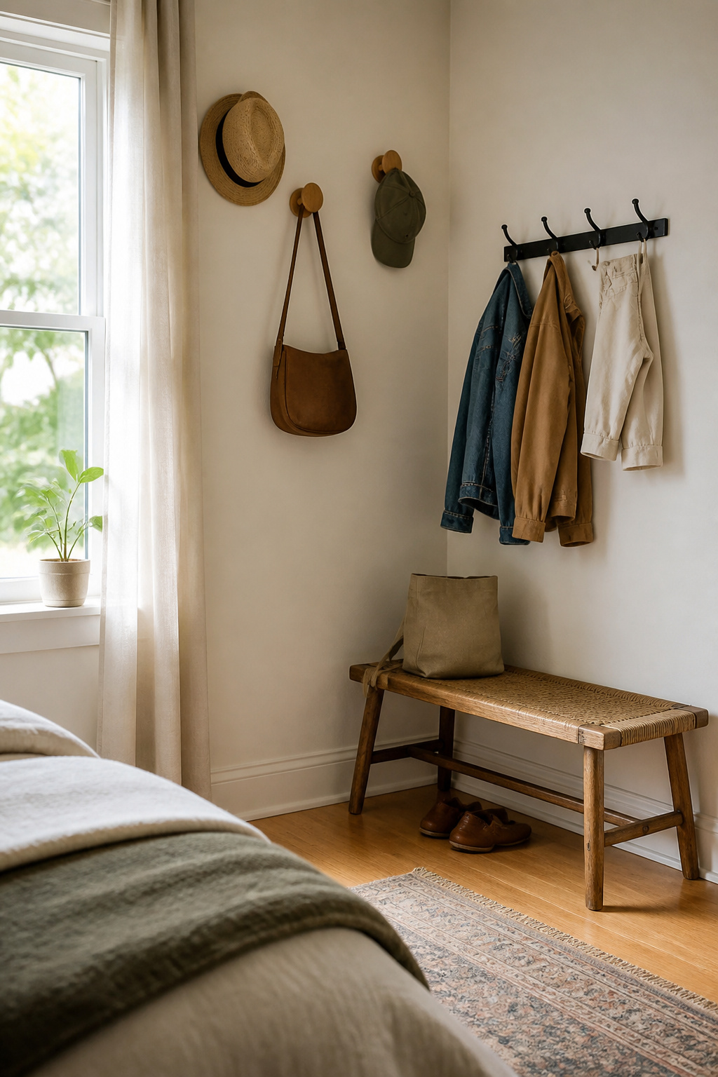 Black hooks and decorative pegs mounted on a wall holding outfits and bags.