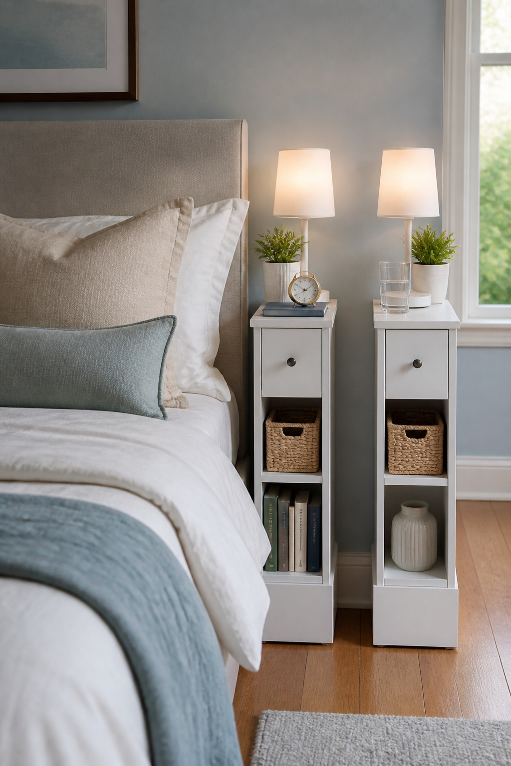 A slim nightstand mounted against a wall beside a bed.