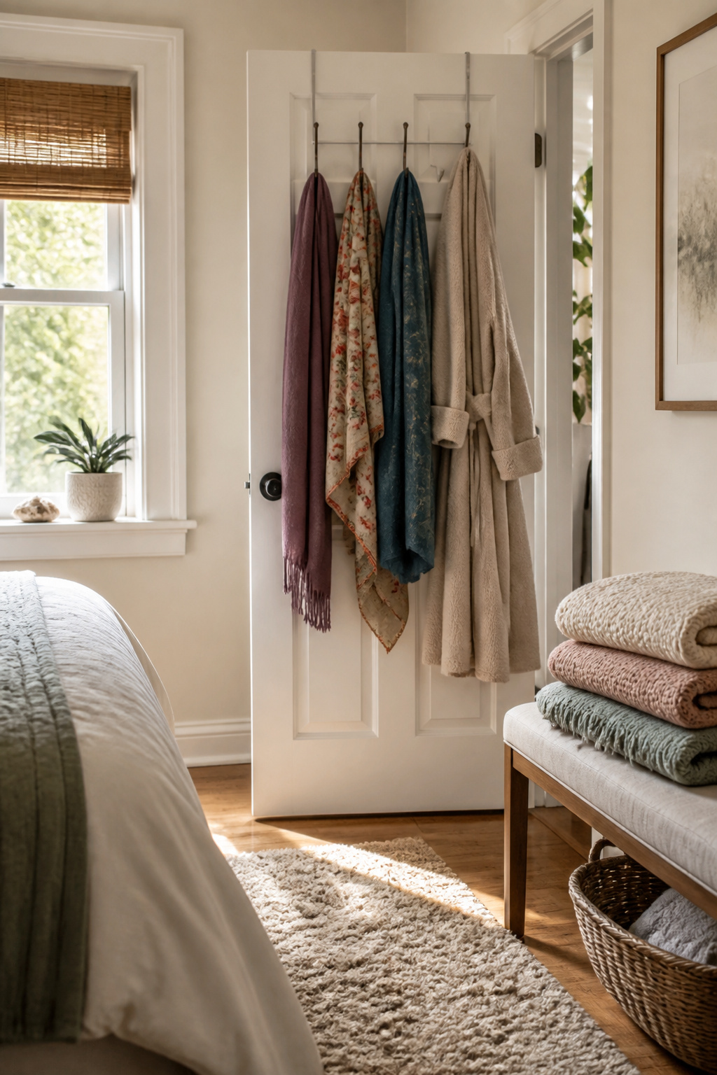 Colorful scarves and a bathrobe hanging on an over-the-door organizer.
