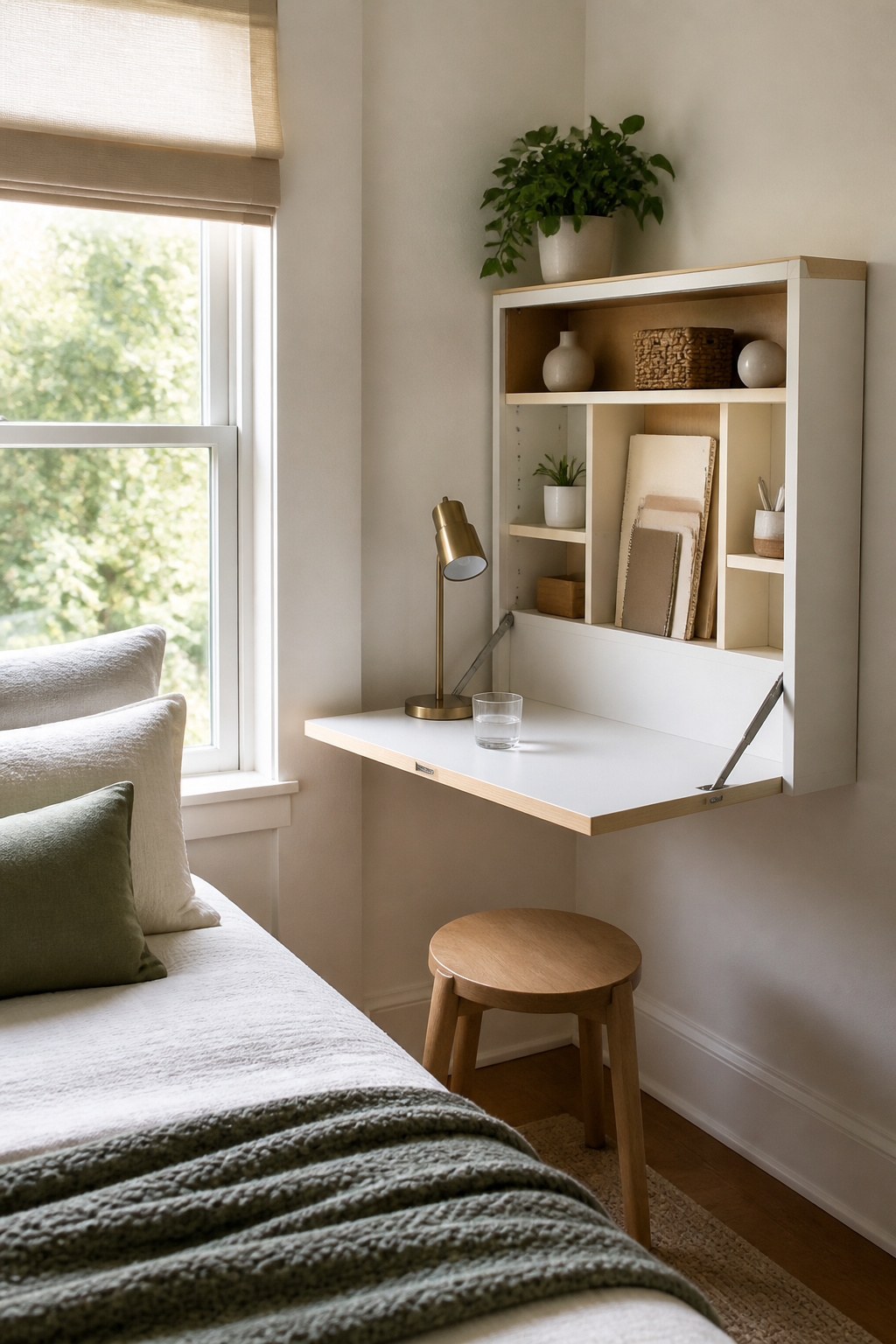 A folded-down desk with organized notebooks and decorative items.