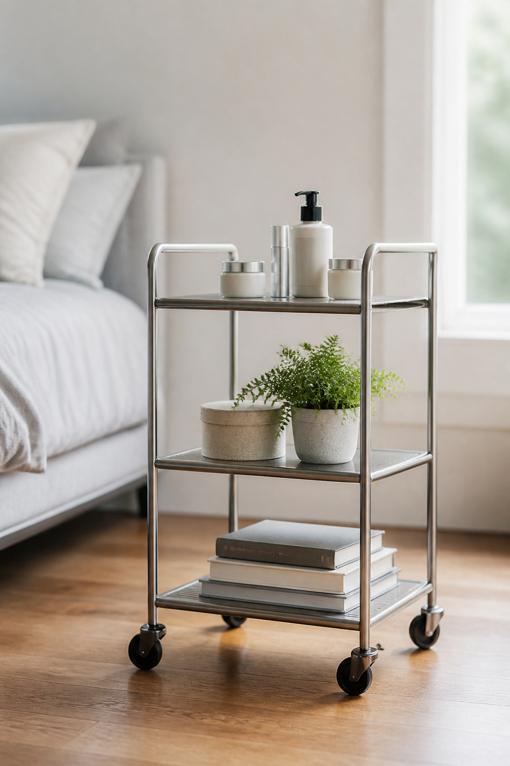 A narrow bar cart on wheels filled with various items including books and lotions.