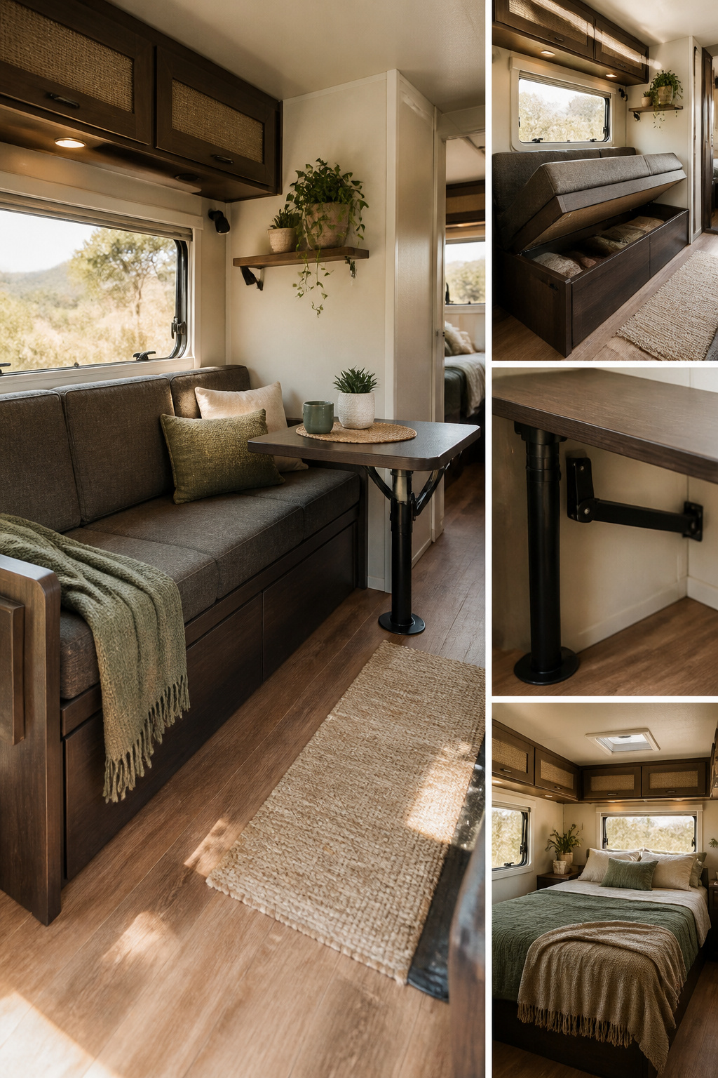 9 Small Camper Interior Ideas for Function and Style in 2026 1 A sofa that converts to a bed with storage underneath in a small camper.