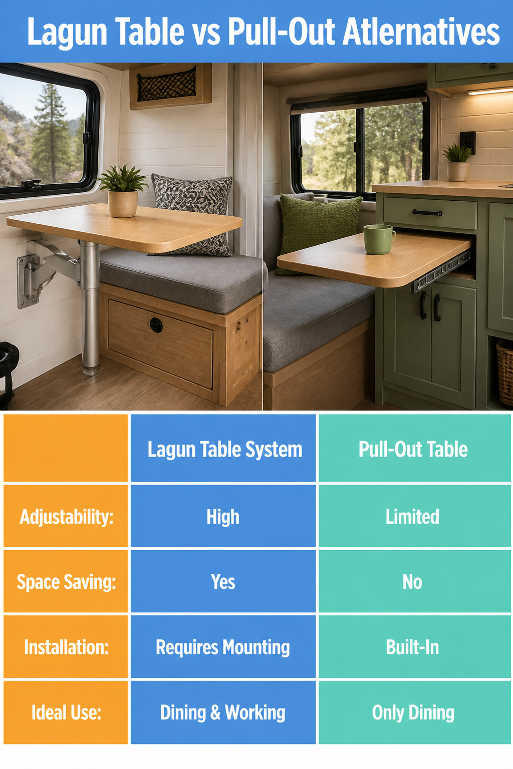 9 Small Camper Interior Ideas for Function and Style in 2026 10 Lagun table system mounted in a small camper for flexible dining space.