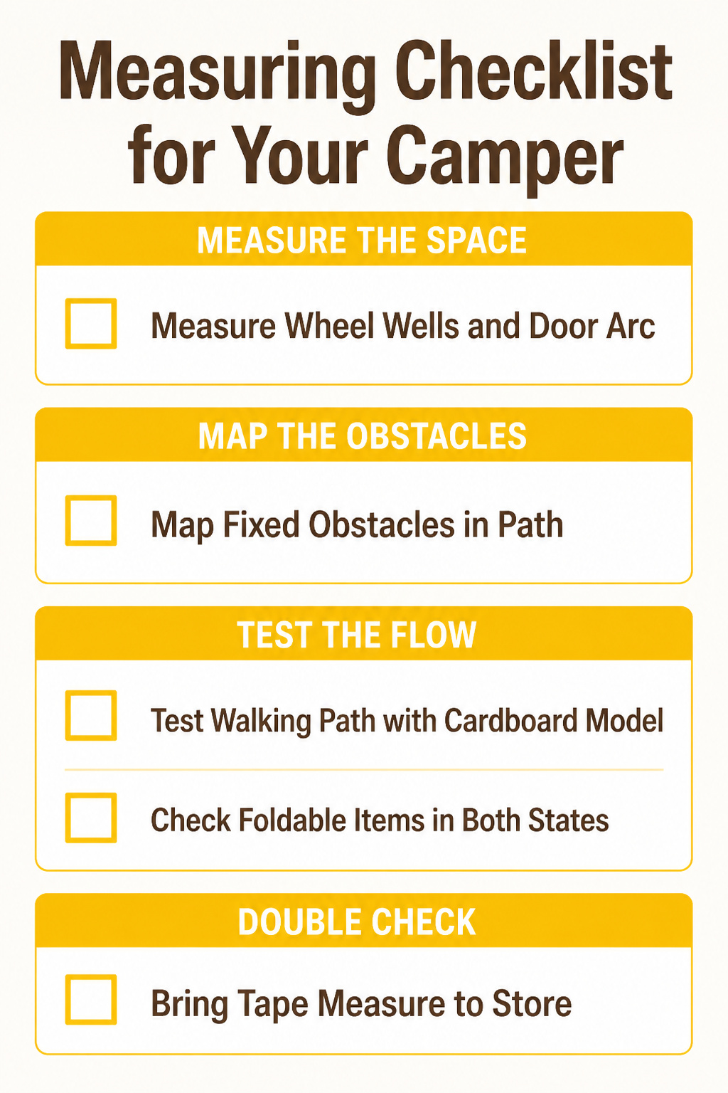 9 Small Camper Interior Ideas for Function and Style in 2026 13 A measuring checklist for optimizing space in a small camper.