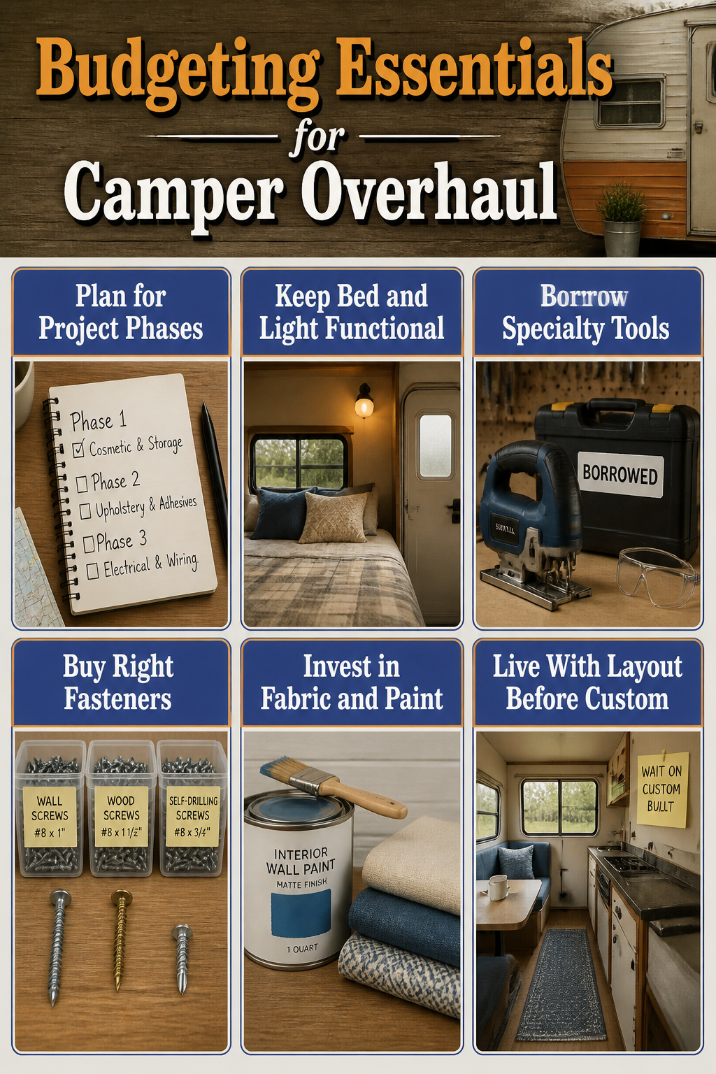 9 Small Camper Interior Ideas for Function and Style in 2026 14 A budget planning document for a camper renovation project.