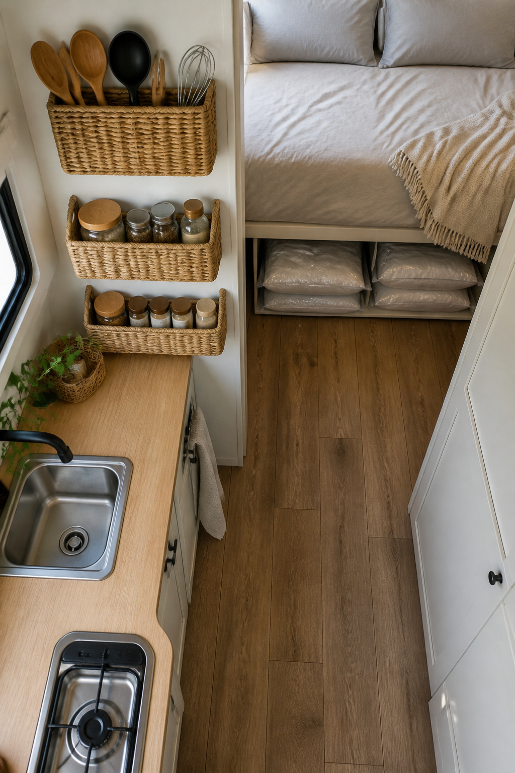9 Small Camper Interior Ideas for Function and Style in 2026 2 Vertical wall organizers for shoes and kitchen utensils in a small camper.