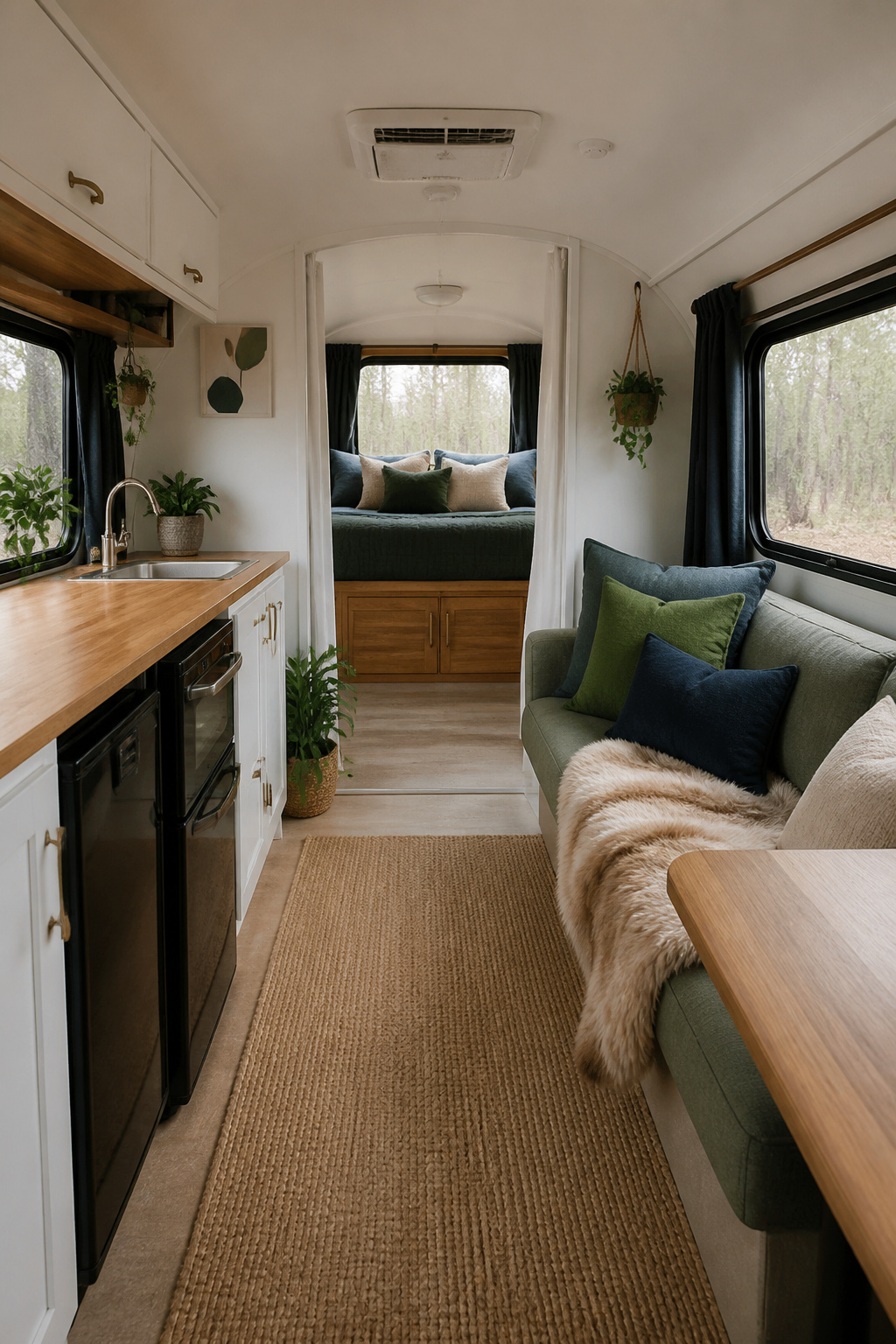 9 Small Camper Interior Ideas for Function and Style in 2026 3 A low-pile rug, cushions, and blackout curtains in a small camper interior.