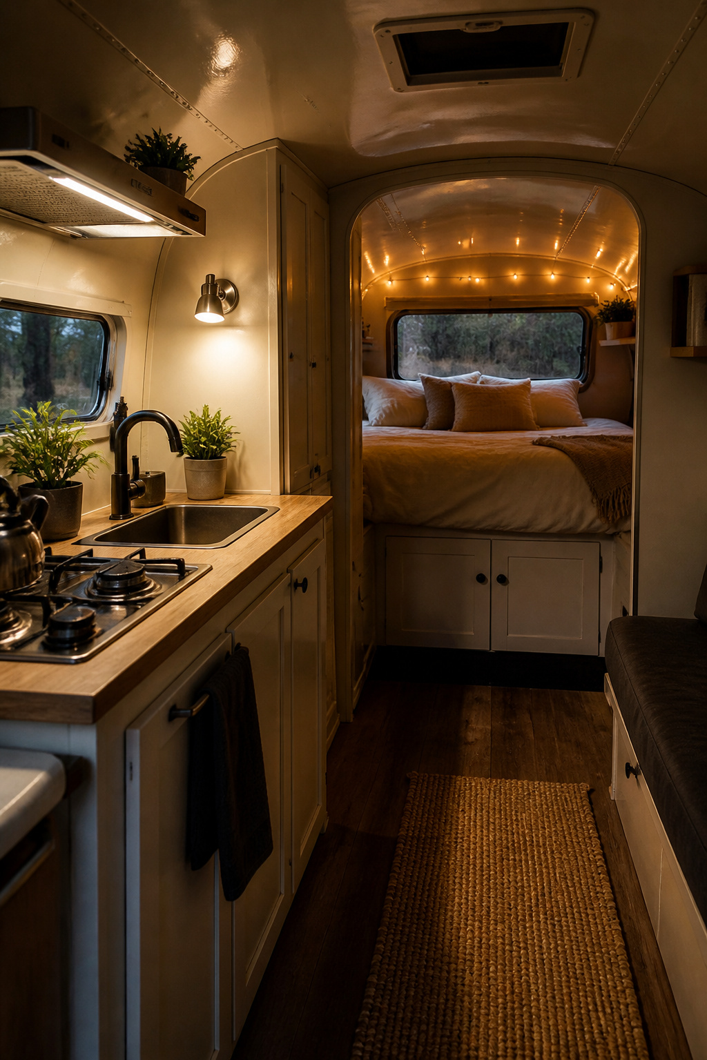 9 Small Camper Interior Ideas for Function and Style in 2026 4 Bright LED lights and string lights create a layered lighting effect in a camper.