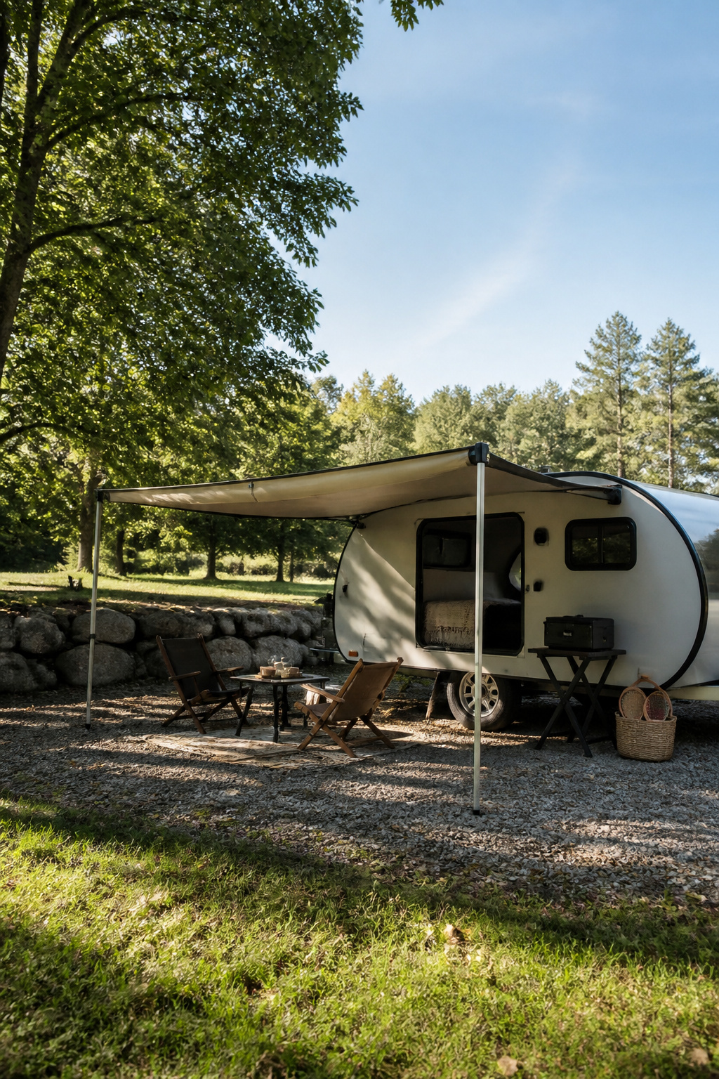 9 Small Camper Interior Ideas for Function and Style in 2026 6 A retractable awning provides shade and outdoor living space next to a camper.
