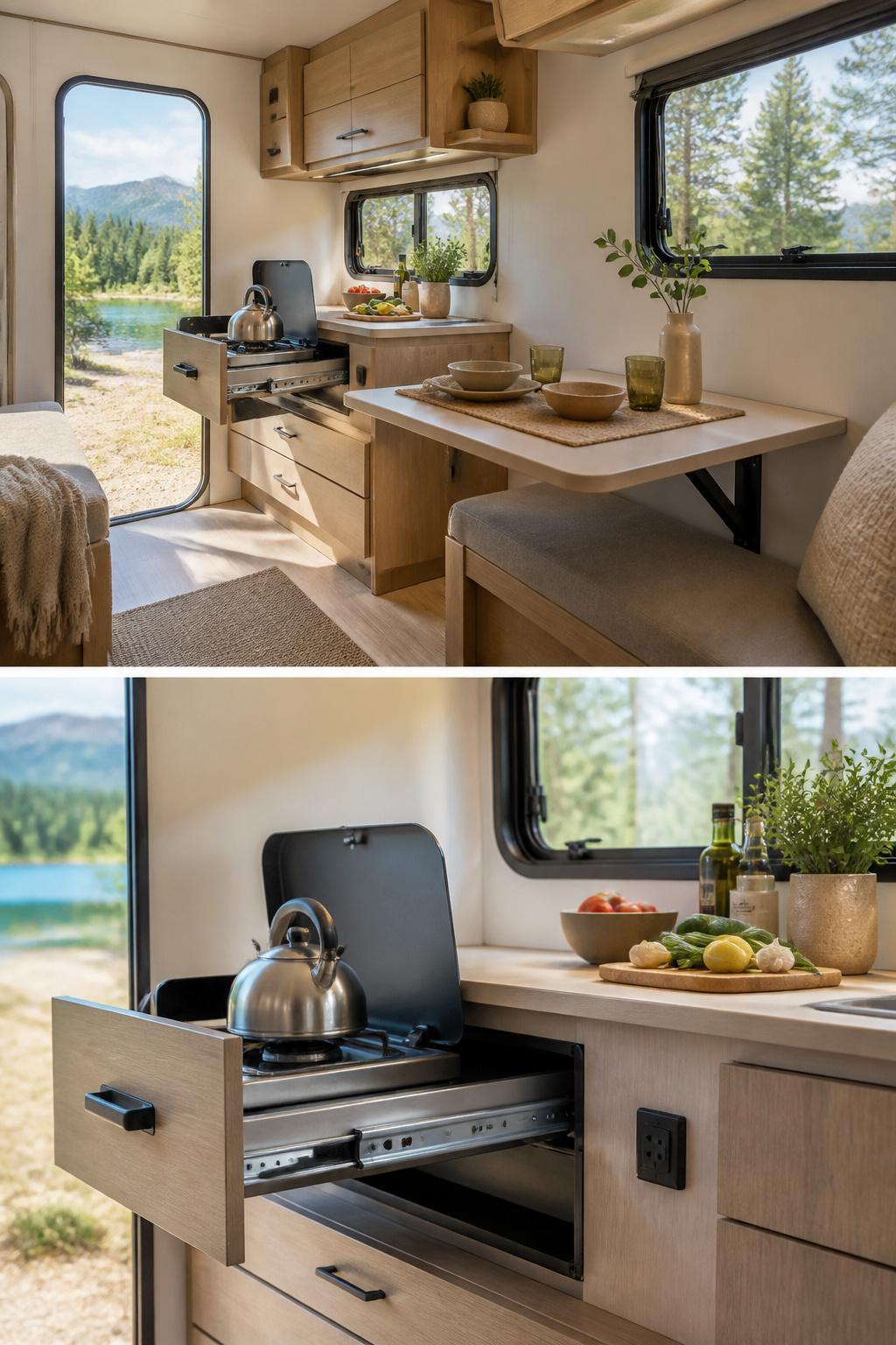 9 Small Camper Interior Ideas for Function and Style in 2026 7 A pull-out kitchen with a fold-out table in a small camper.