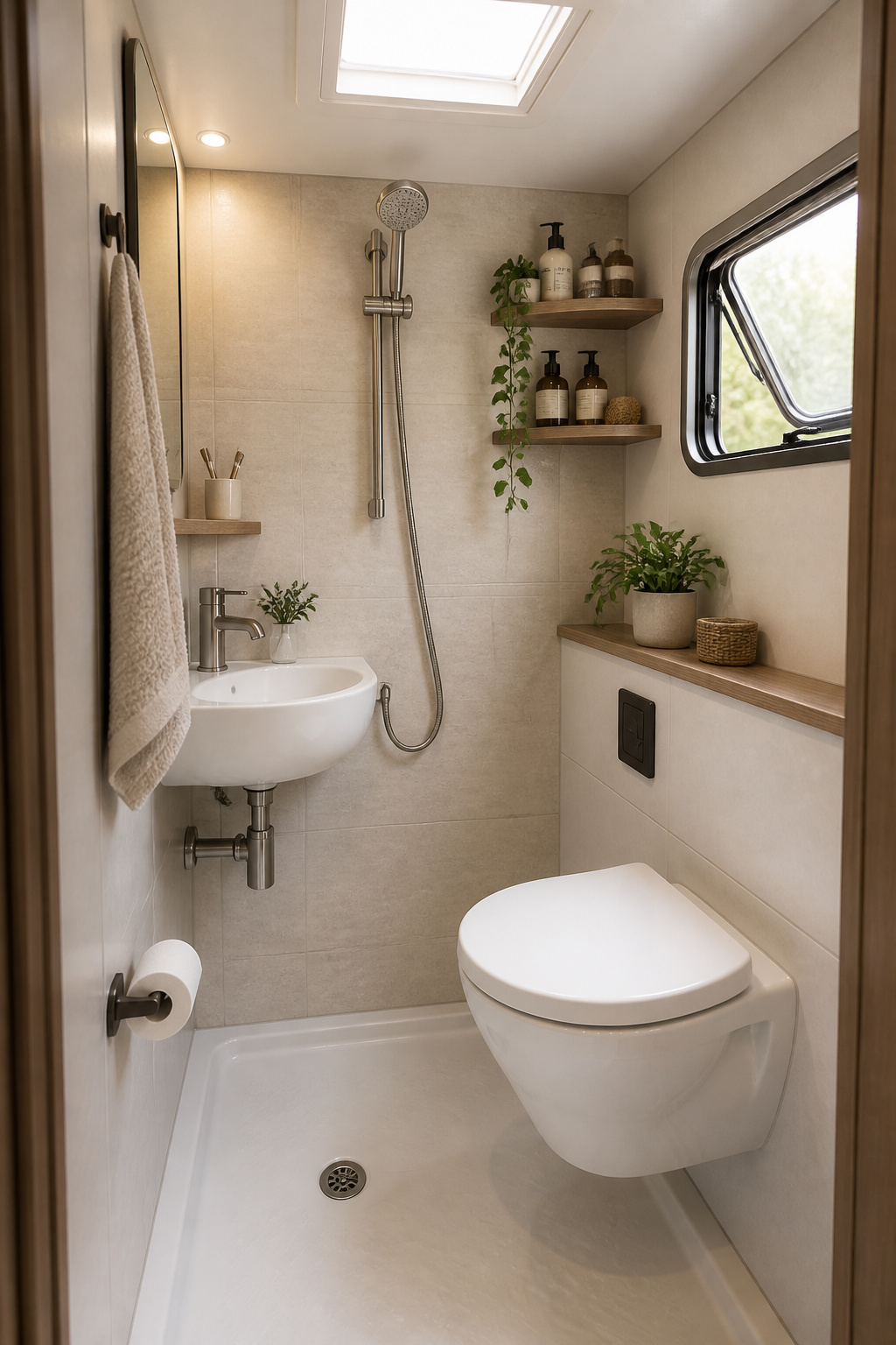 9 Small Camper Interior Ideas for Function and Style in 2026 8 A small camper bathroom featuring a wet bath layout and compact fixtures.