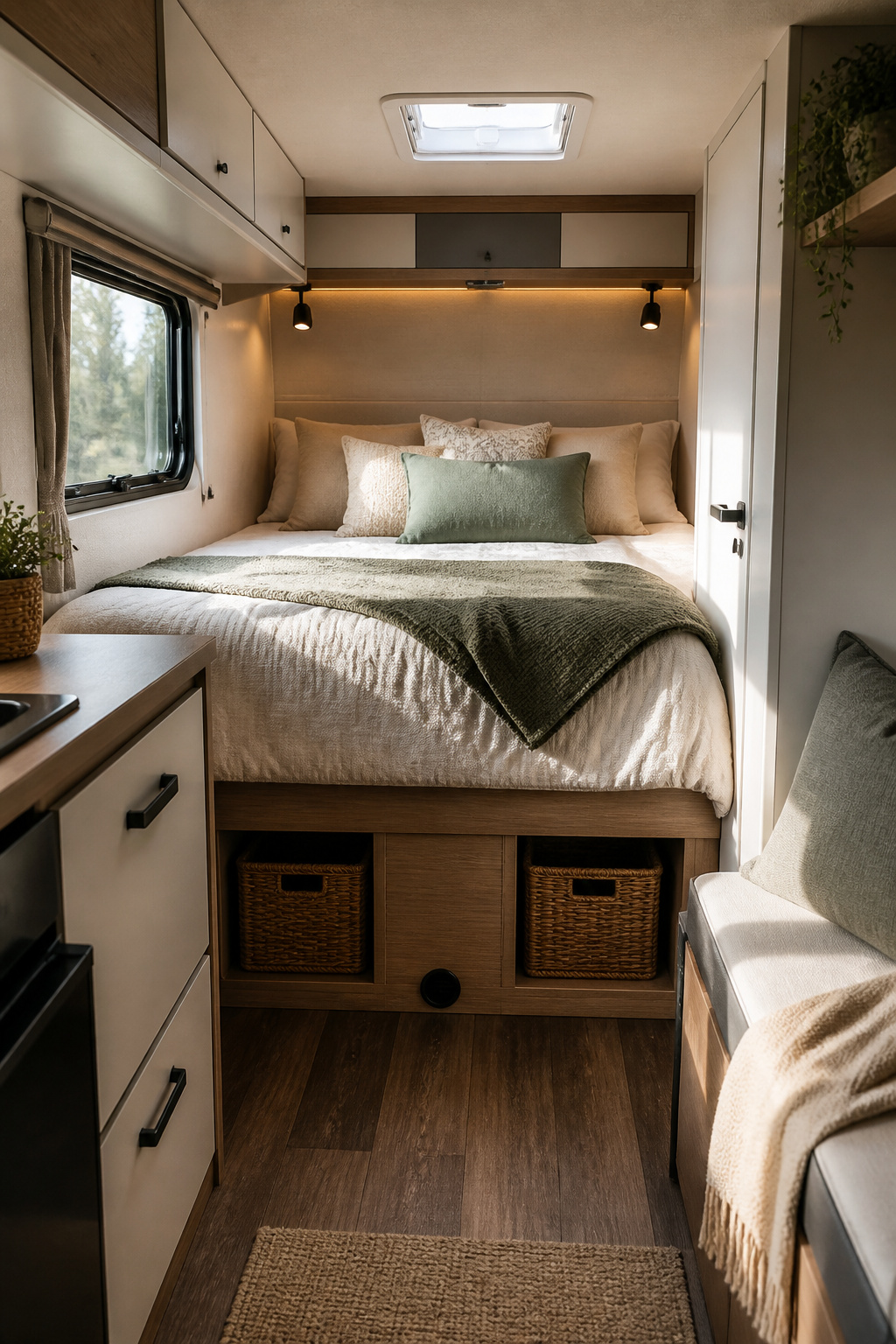 9 Small Camper Interior Ideas for Function and Style in 2026 9 A cozy camper bedroom with a memory foam mattress and soft linens.