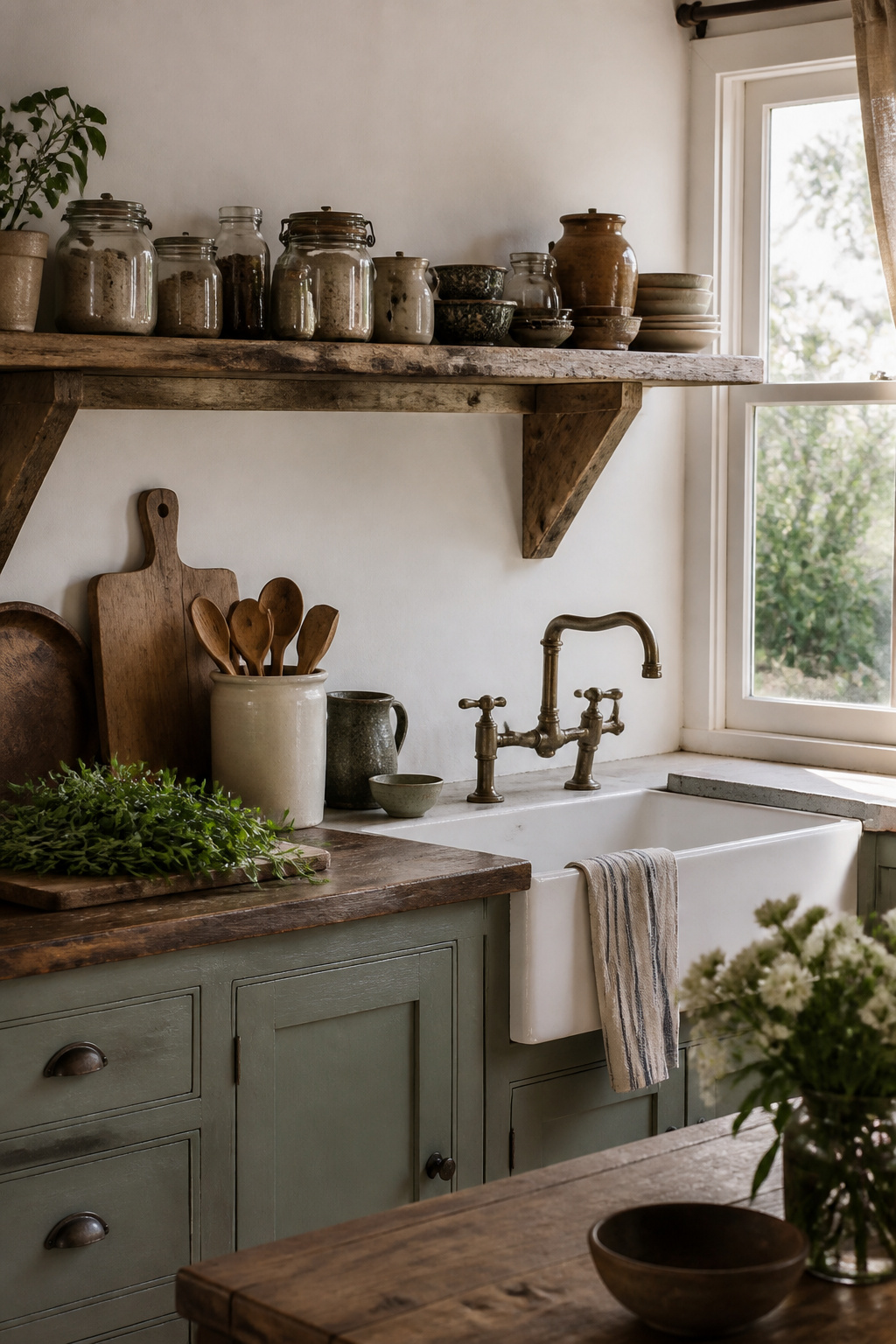 Reclaimed barn wood shelf with jars and rustic dishes.
