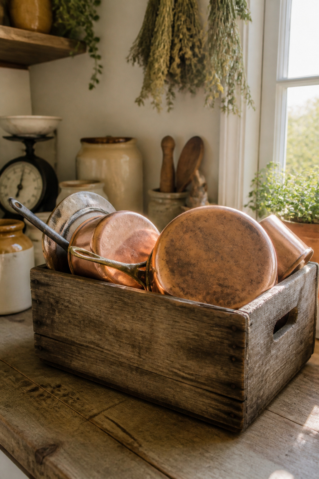 Vintage kitchen items with patina on display.
