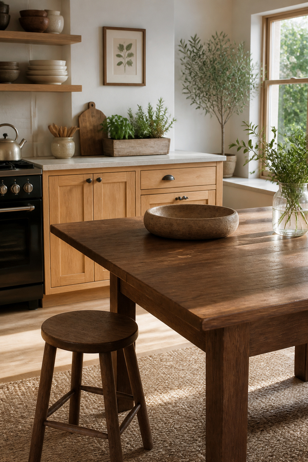 Kitchen with mixed wood finishes in cabinets and table.