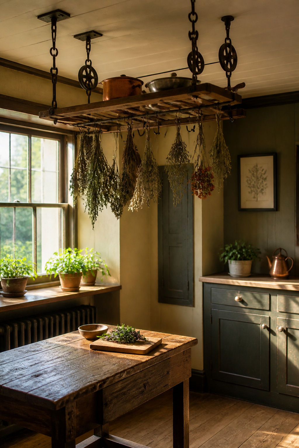 Pulley dryer hanging from the ceiling in a cottage kitchen.