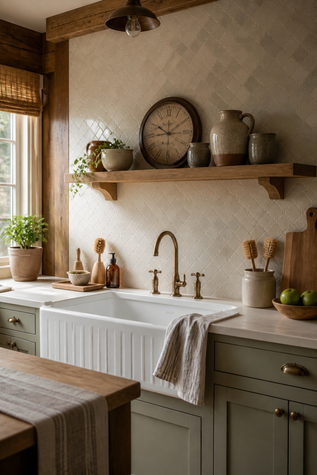 Mantel shelf above the sink with decorative pottery.