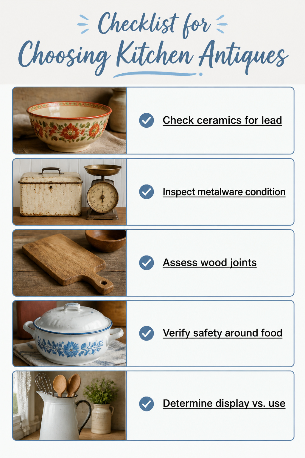 Checklist for choosing kitchen antiques displayed.