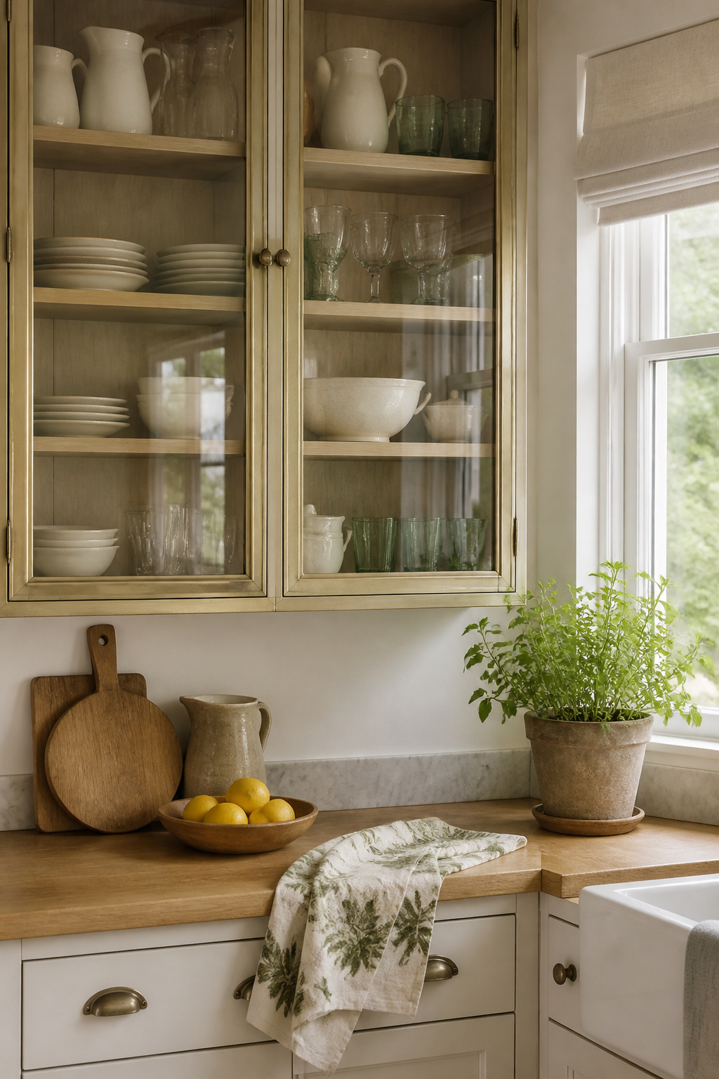 Glass-front cabinets showcasing white ceramics and vintage glassware.