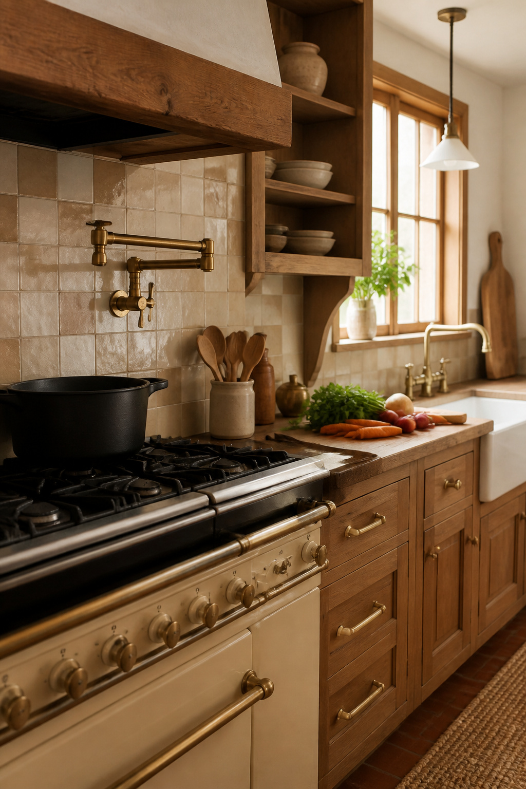 Pot filler faucet over a vintage stove with a cast iron pot.