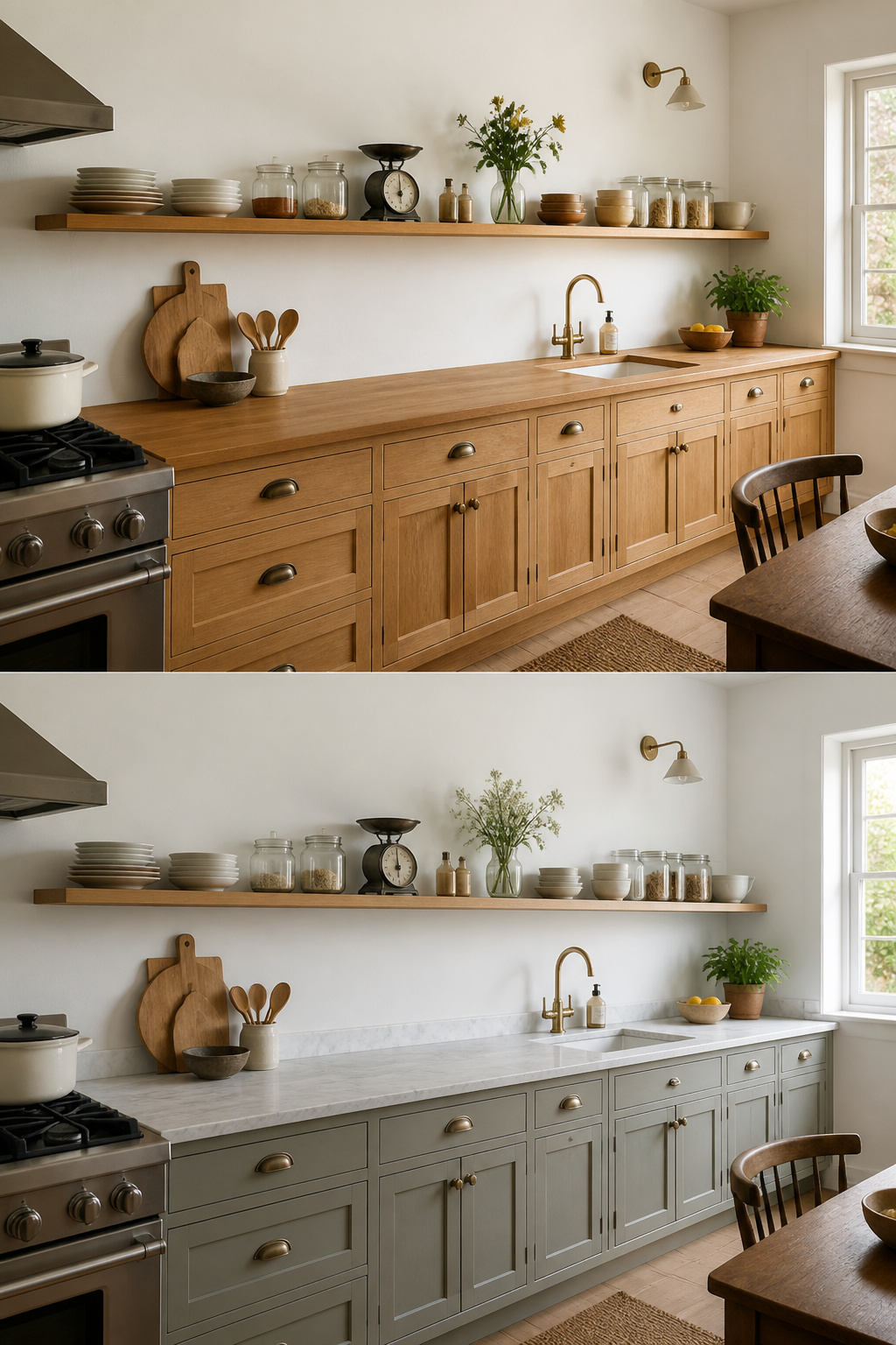 Open shelf holding dishes in a small cottage kitchen.