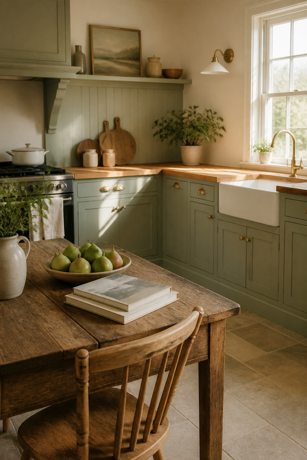Shaker-style cabinets with light sage green finish.