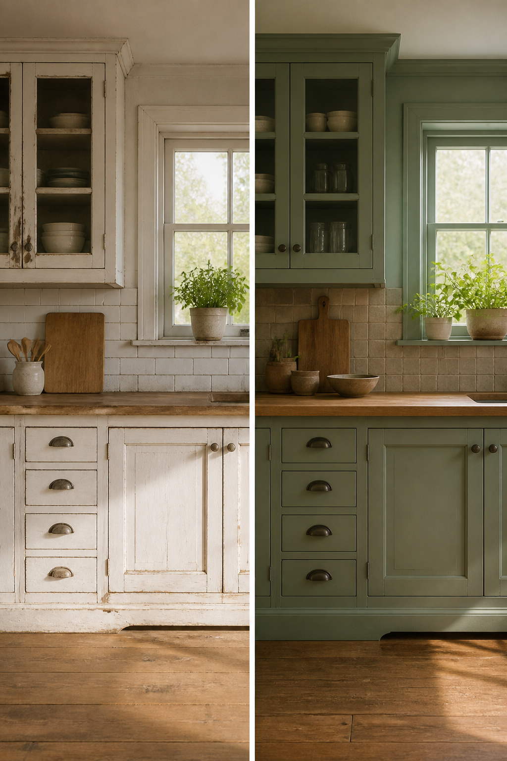 Kitchen with cabinets painted to match the walls.