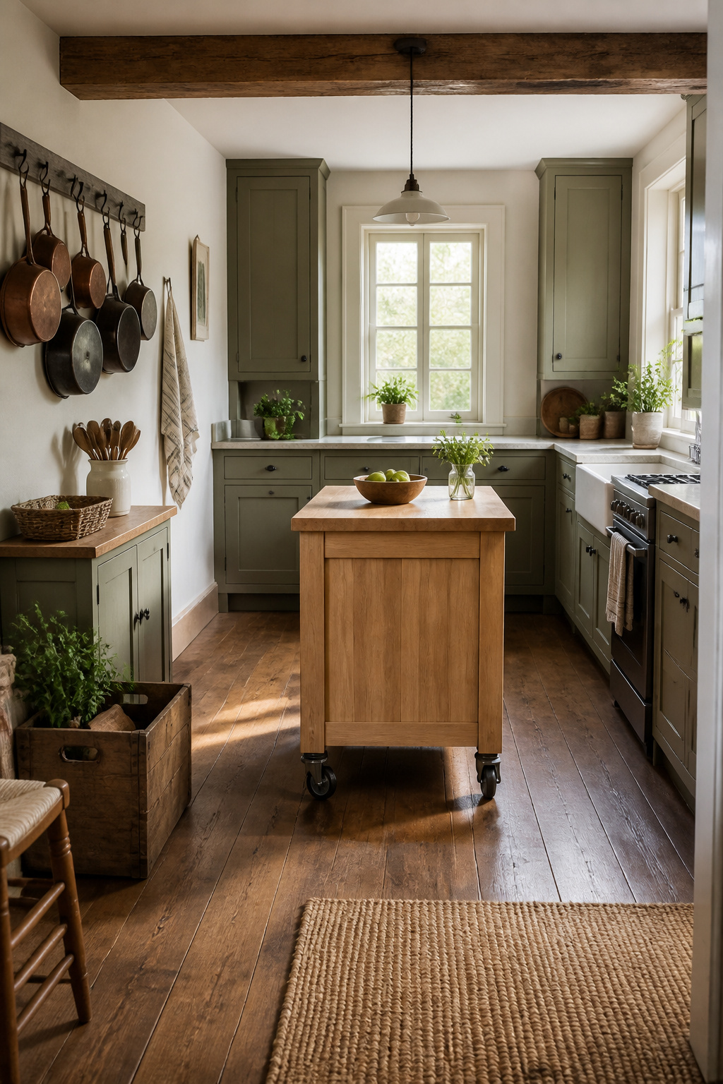 Moveable kitchen island on casters in a cottage kitchen.