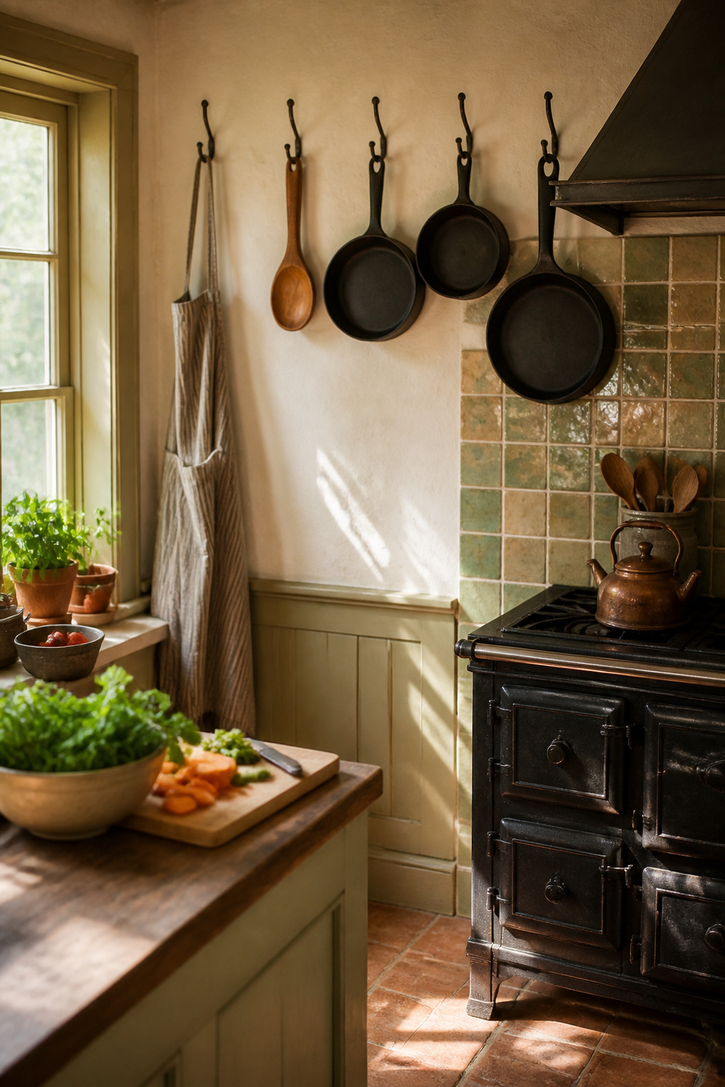 Wall hooks holding cast-iron skillets and an apron.
