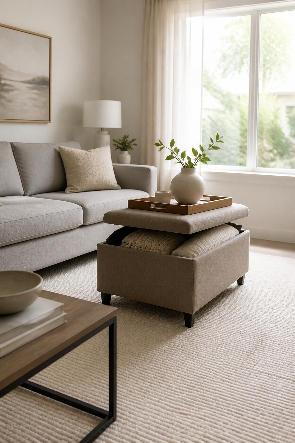 10 Small Living Room Ideas to Maximize Space in 2026 1 A storage ottoman with a tray and a light gray sofa in a small living room.