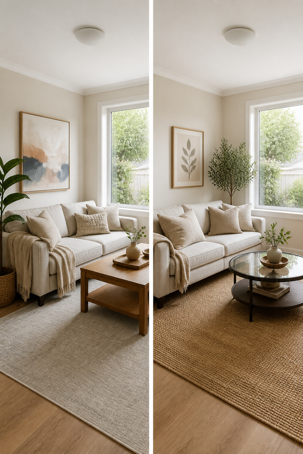 10 Small Living Room Ideas to Maximize Space in 2026 2 A small living room with soft beige walls and a light gray sofa.