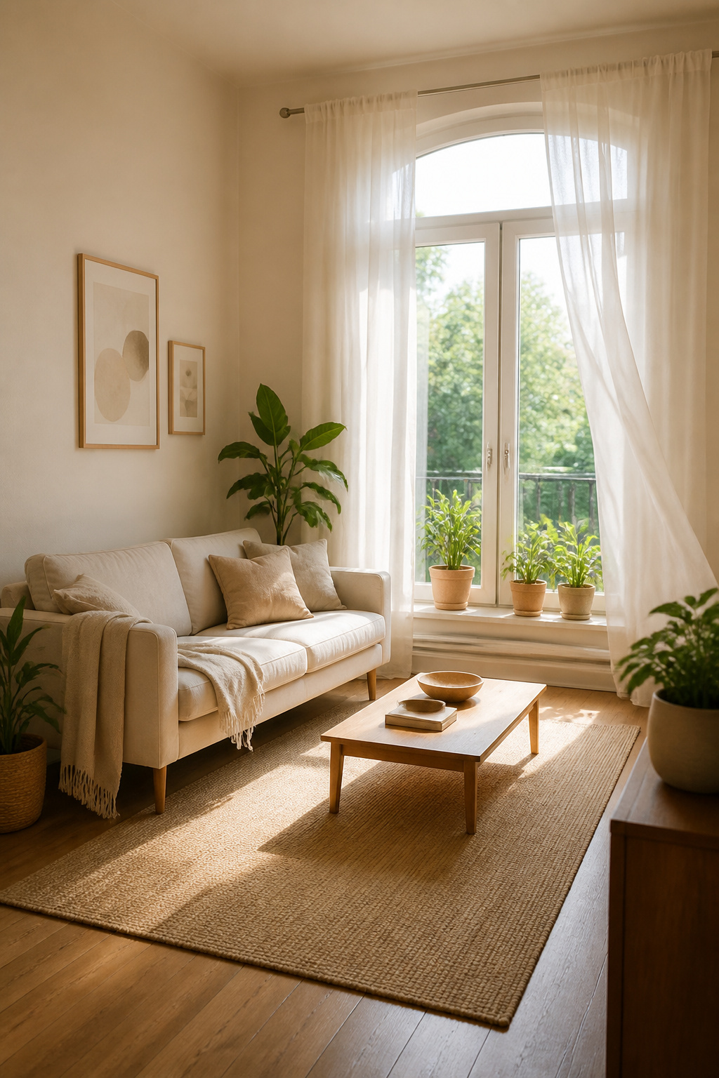 10 Small Living Room Ideas to Maximize Space in 2026 4 A small living room with French doors and sheer curtains allowing natural light.