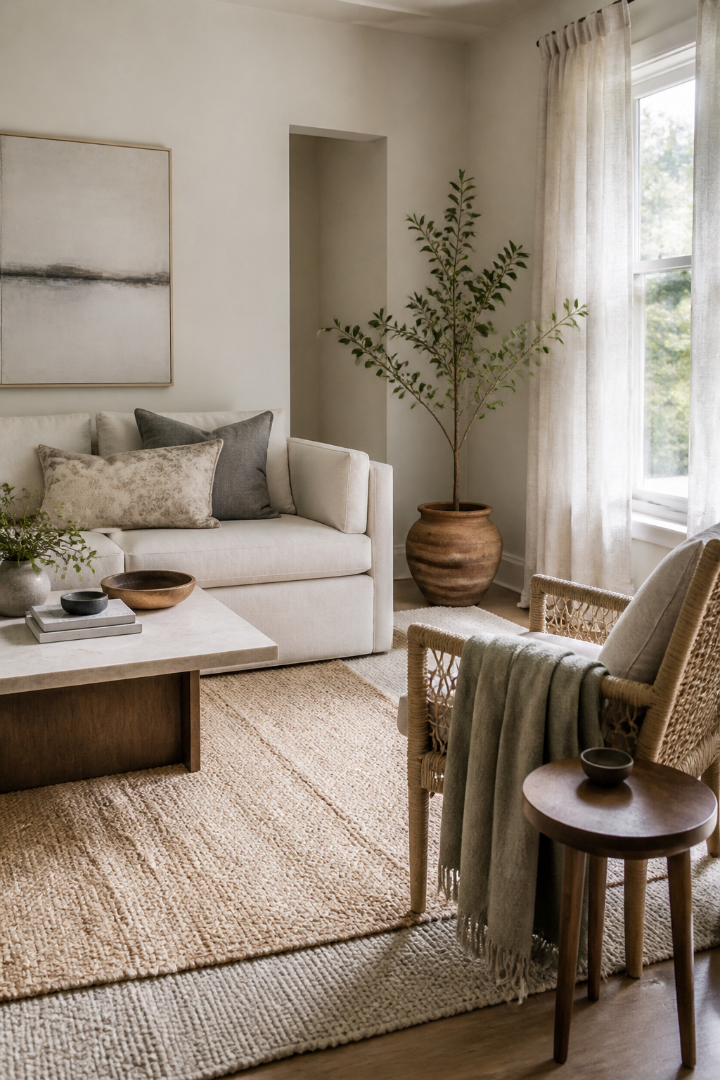 10 Small Living Room Ideas to Maximize Space in 2026 7 A small living room featuring various textures in soft whites and pale grays.