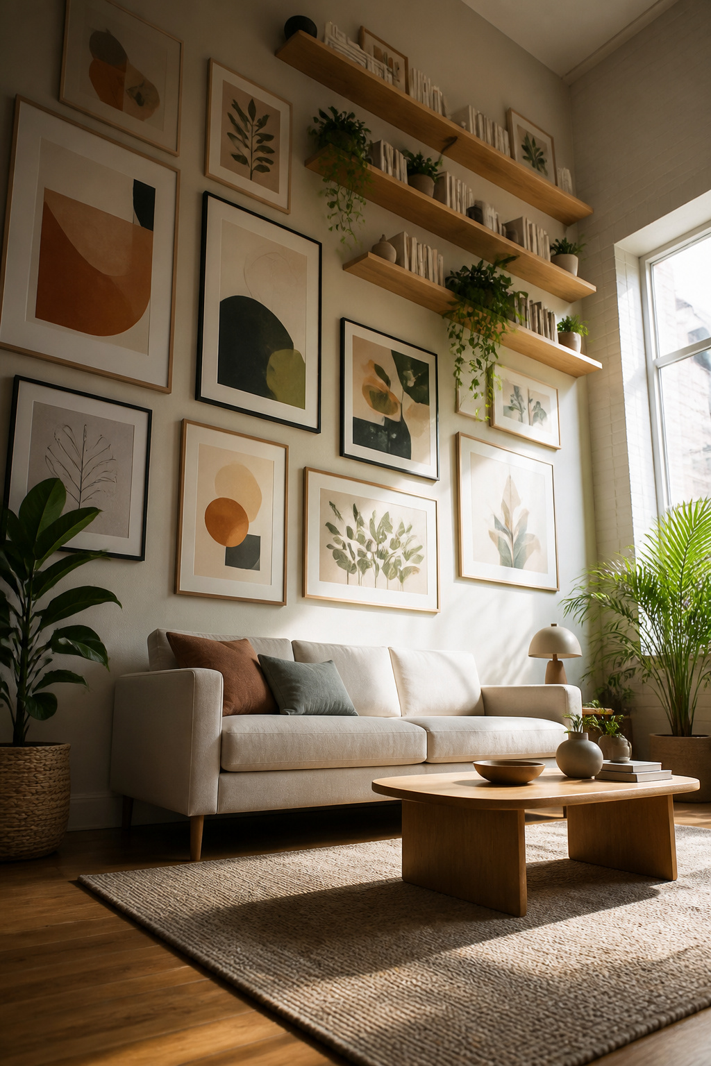 10 Small Living Room Ideas to Maximize Space in 2026 8 A gallery wall filled with art and decor in a small living room.