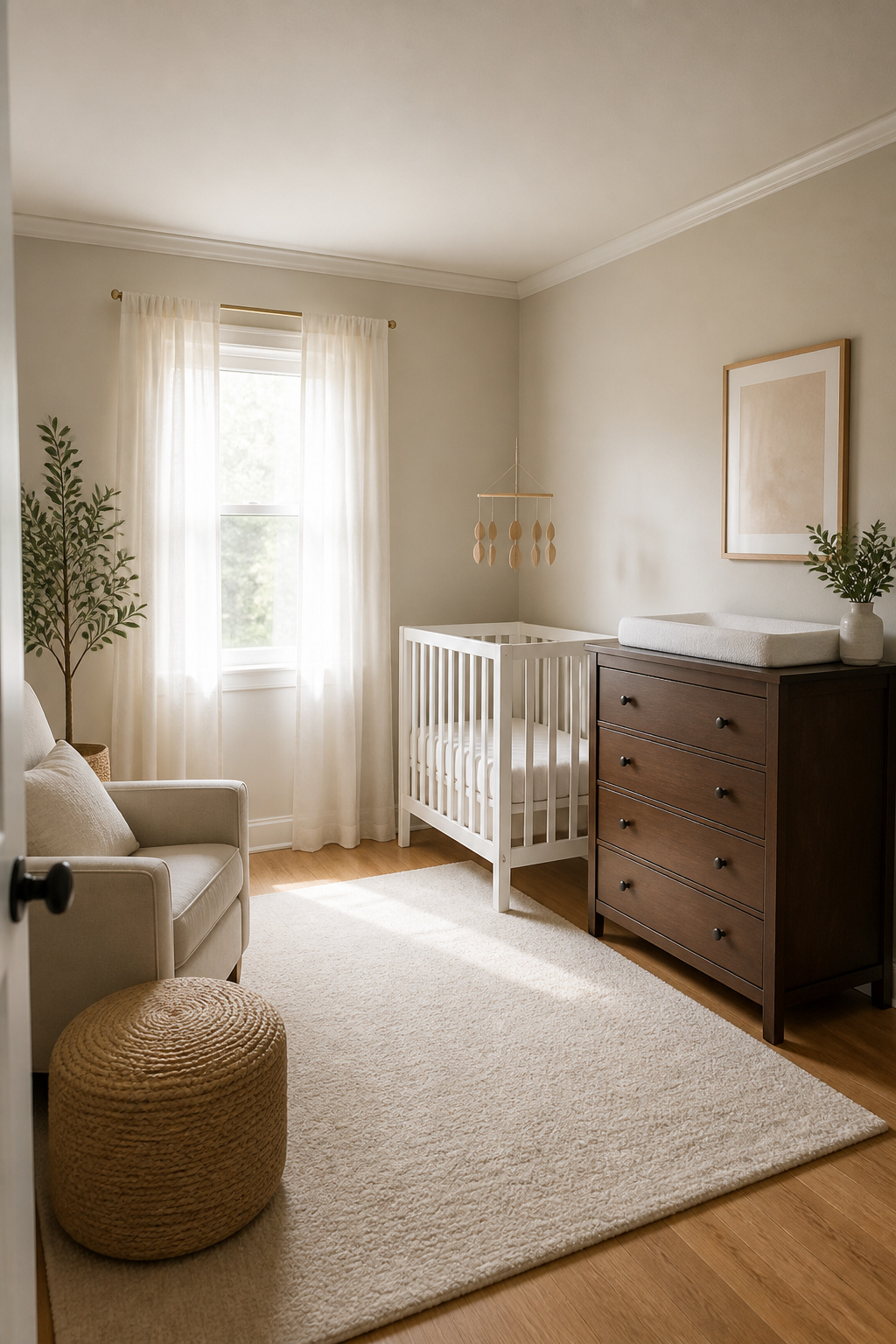 A mini crib set up in a small nursery.