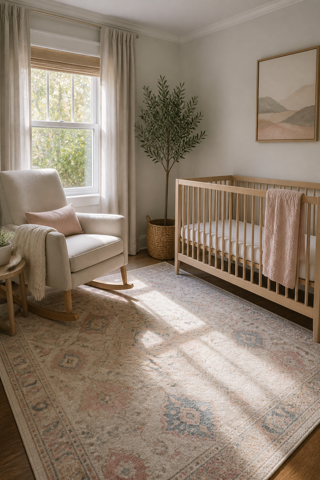 A low-pile rug positioned in a small nursery.