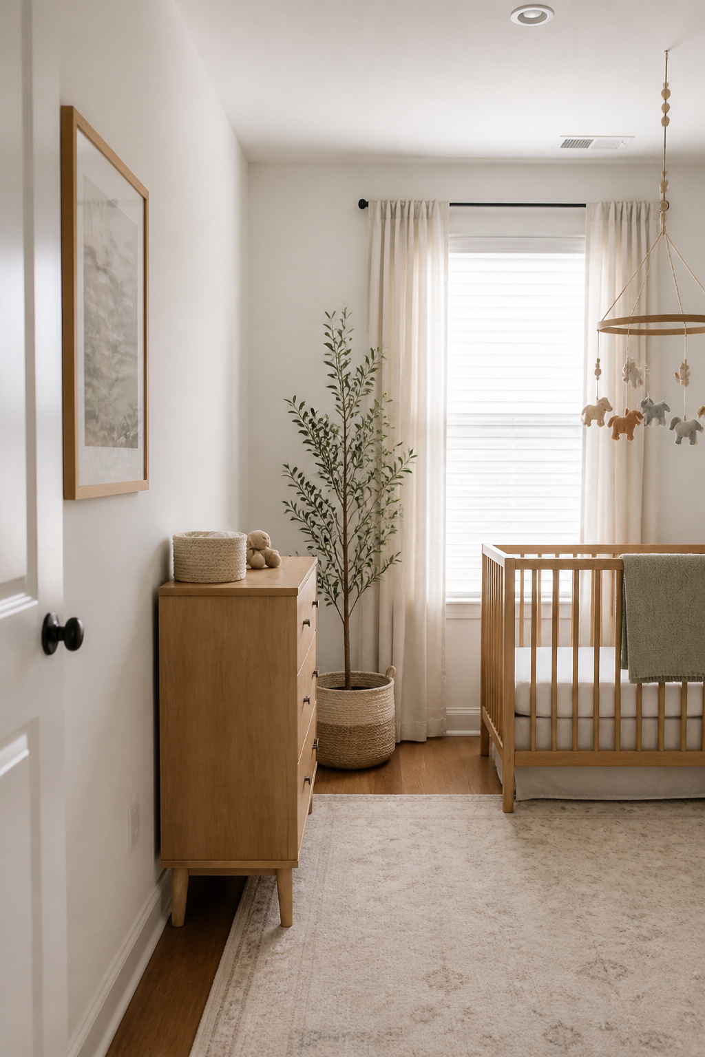 A wall-mounted mobile hanging over a crib in a nursery.