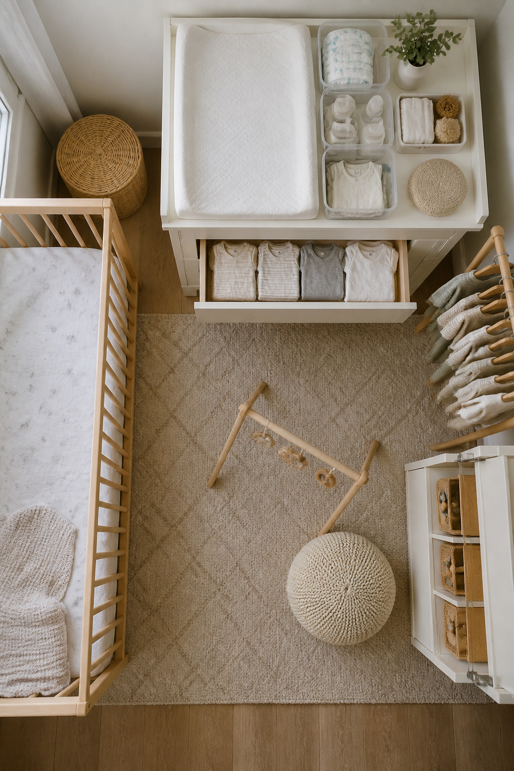 Baskets organized for different times of day in a nursery.