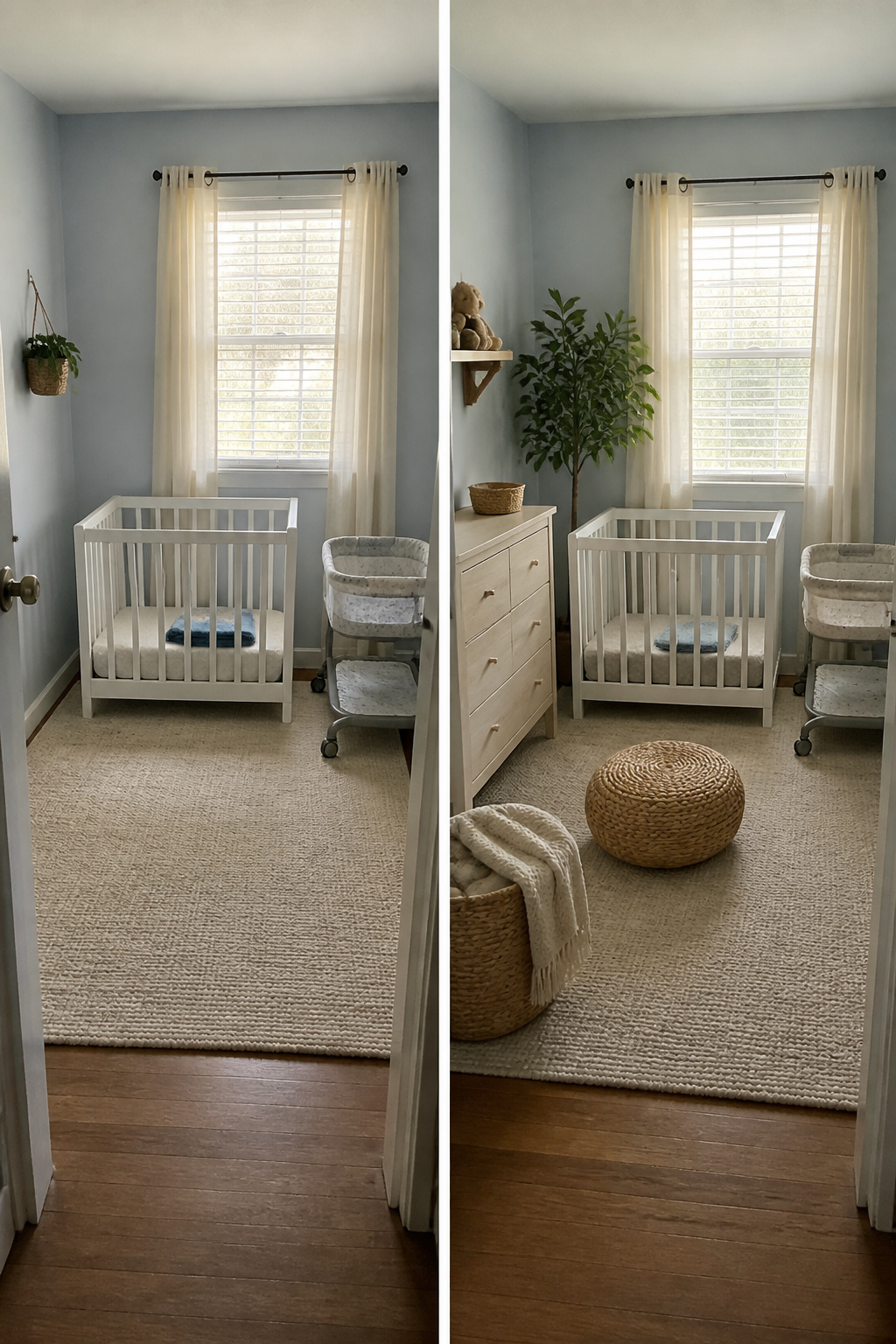 A mini crib in a small nursery with soft lighting.