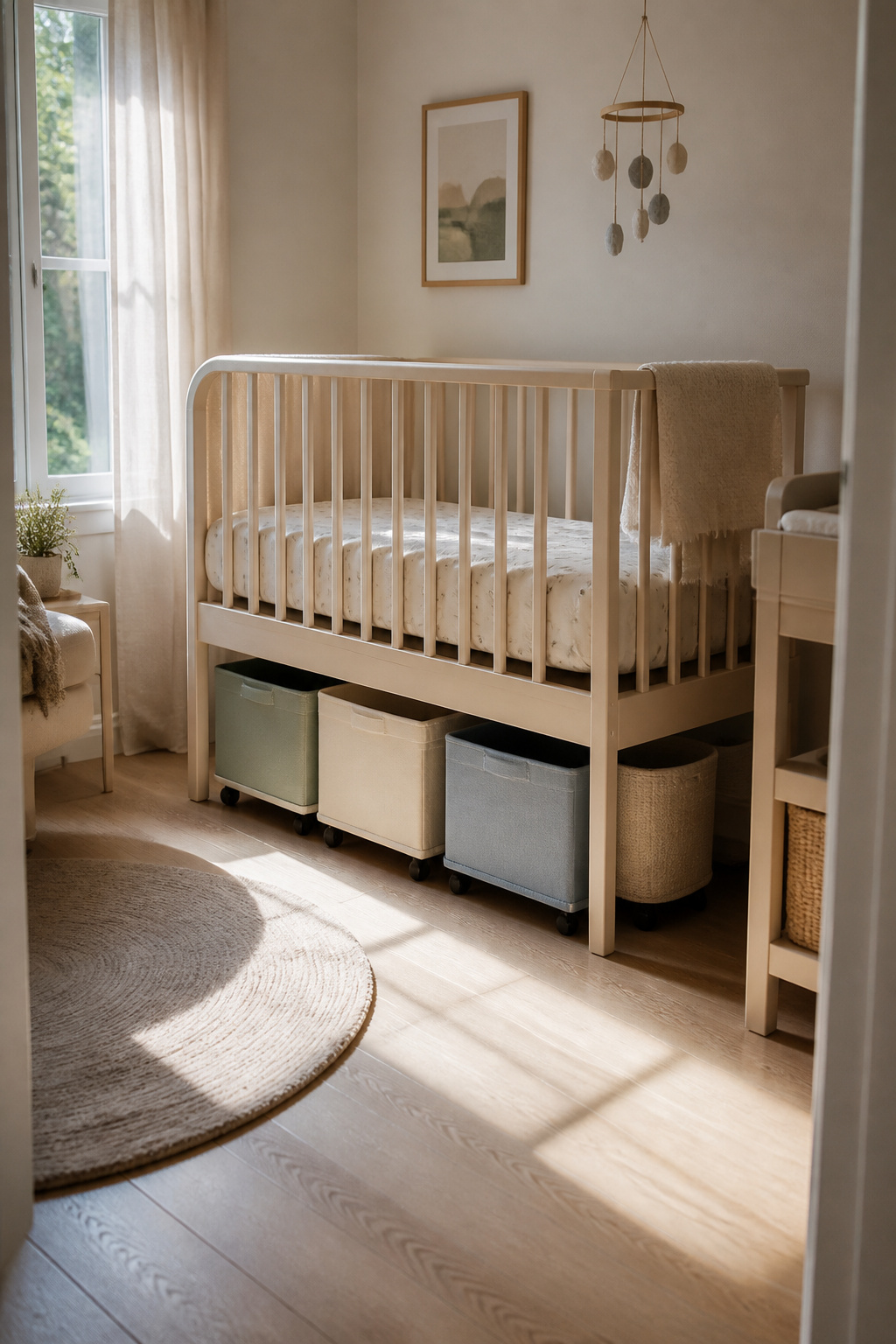 Storage bins placed under a mini crib.