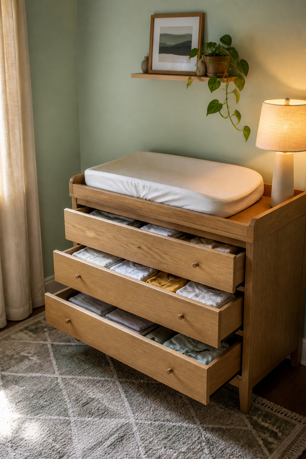 A dresser with a changing pad on top in a nursery.
