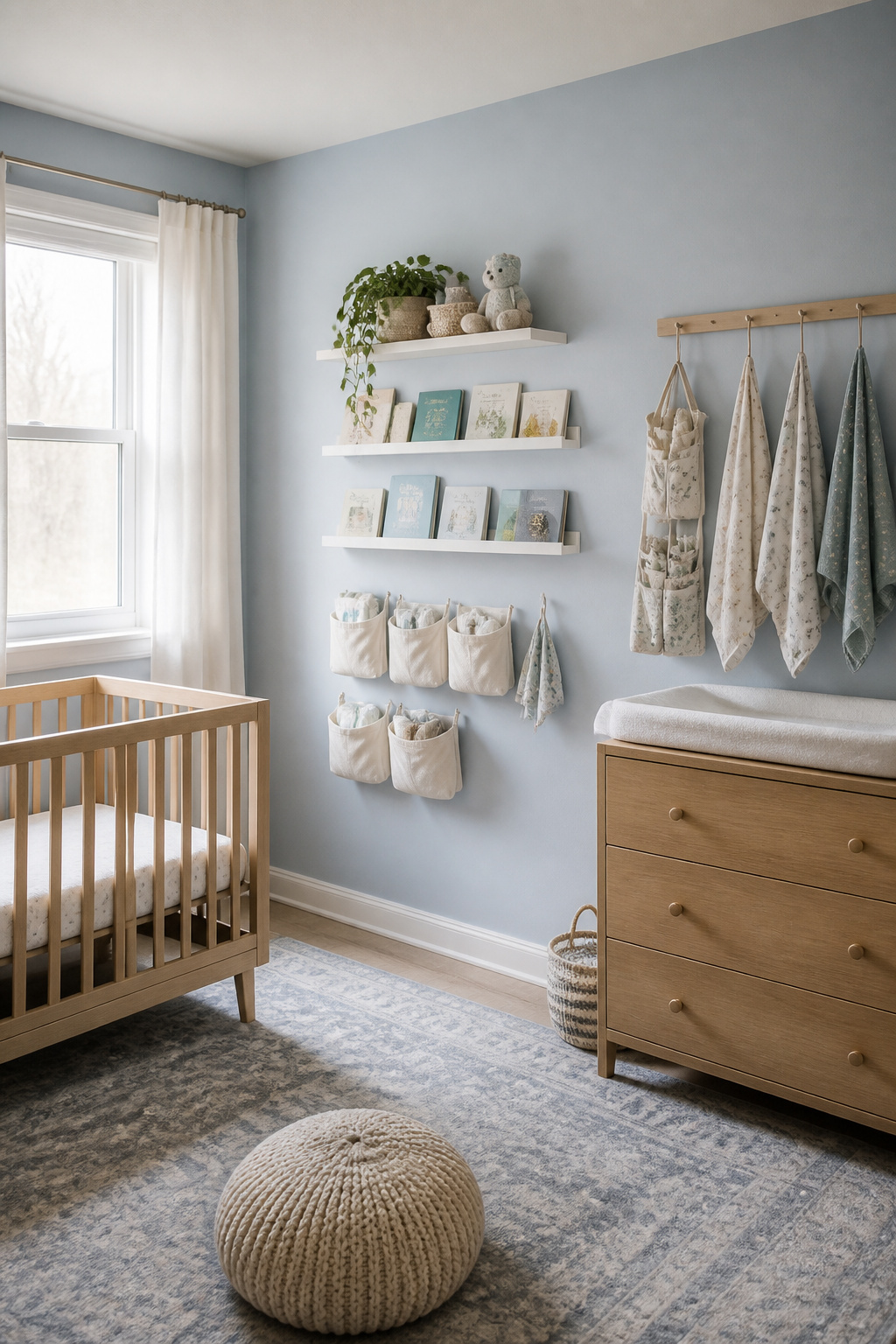 Narrow shelves and hooks mounted on nursery walls.