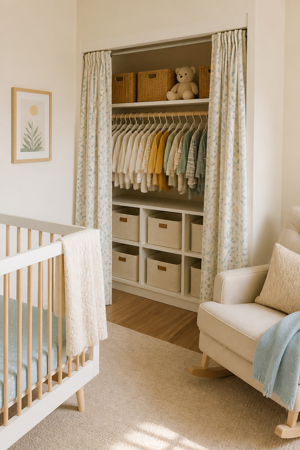 An open closet with neatly arranged baby clothes.